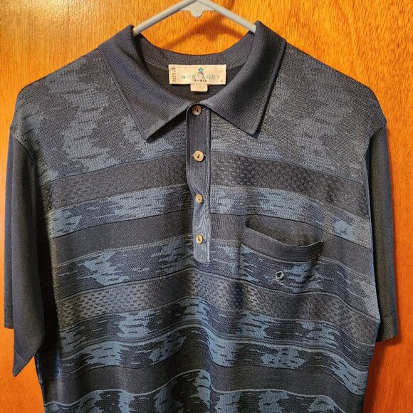 Men's Size 5 Montagut Blue Textured Patterned Polyamide Short Sleeve Polo Shirt - Picture 1 of 7